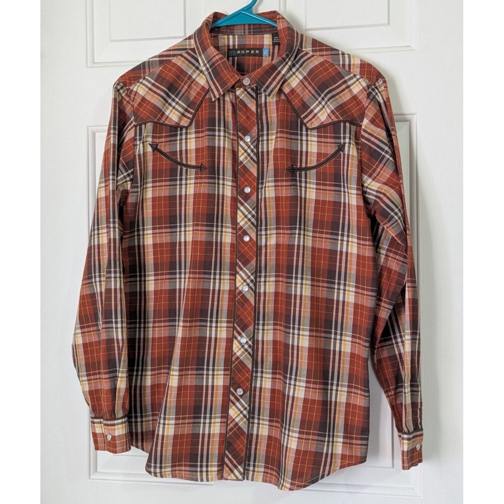 ROPER Western Pearl Snap Shirt Youth XL Brown Plaid Embroidered Rodeo Cowboy EUC